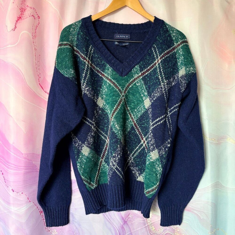 Gant L Christmas Holiday Navy Blue Green Red Plaid Natural Fiber Sweater FLAW